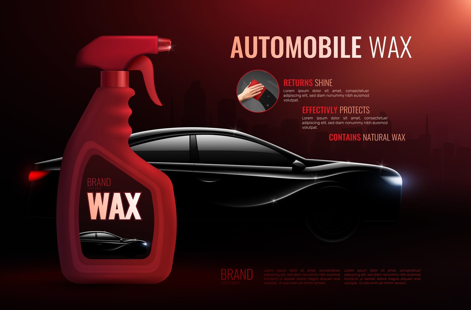 Car care product advertising poster with  bottle of high quality automobile wax and luxury class sedan realistic vector illustration SSUCv3H4sIAAAAAAACA01Ry27cMAz8FUJnN9uitz2mSAsEKBCkvQU50BJjE5Elh6S8u1j430PvJkVvfIxmhqNz6FE5hv05cM5NTdC4lrD/1gVKbFUYc9h/XbughtaU1LHeRTQafHvpP0mezts87MNfwaJzFbuy+ePW+/gHioa1+0TdNuVCqrufXLBE+of7zRopZyxUmz947gIOVOJpk3ZtoUx4cfLkq9eDkUwfthZOVK8ltsRbGZYaMfv++2bbT6zTNh0E55Gj8EKy9Yk0ytUjRBSCWWpq0QCTI4zd6gBzVReDA9sI0FezTFBfYORhhLeGme0E2Fyh9uyrAx4BS4Lcjk1OEDOqglLCAkKOVuMIC0WPGf6P/wbuPHvsneLu4c+F4pFKcmUucP/wC16qTB5hF+y4BRm6j0SvXLqL1eOczR15OU0k0b/xi451nv2MnZIsHD3ALtRX/+t1Xd8BJHHgUQkCAAA=